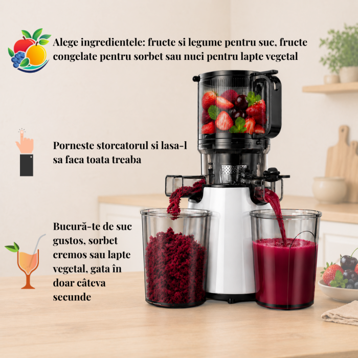 Storcator cu Presare la Rece Latkon®️ SJ250Nova, Putere 250W, Ax cu Melc, Silentios, Antioxidare, Recipient Suc 1.2L, Recipient Pulpa 1.1L, Alb [4]