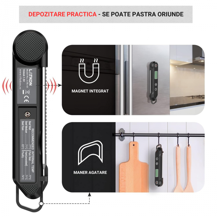Termometru alimentar digital Latkon LTK-03, pliabil, sonda inox, rezistent la apă [6]