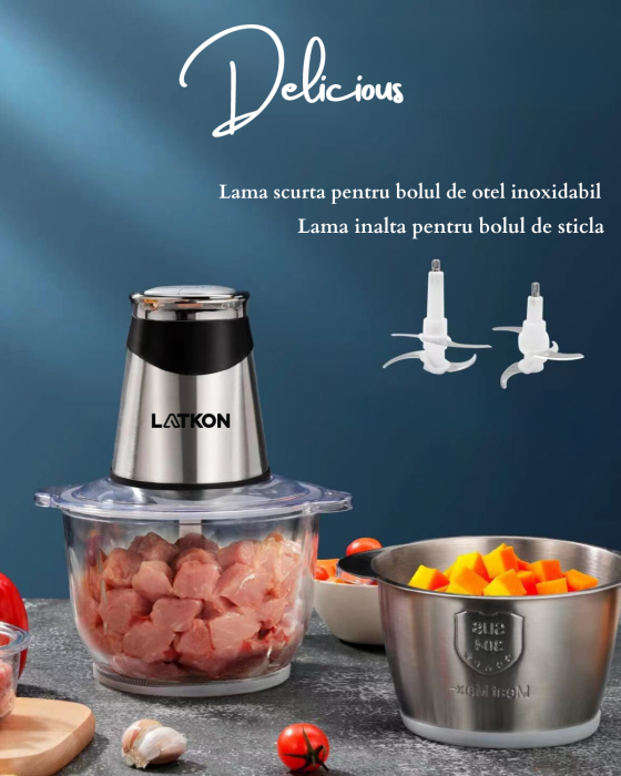 Tocator electric Latkon AMJ-217A, lame inox, 2 boluri sticlă și inox [2]