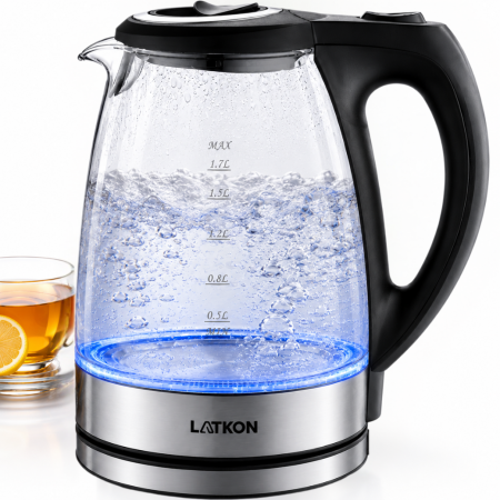 Fierbator Electric Latkon® EK2200Lite, Sticla/Inox, 1.7L, 2200W, Oprire automata, Baza rotativa 360, Iluminare LED [0]