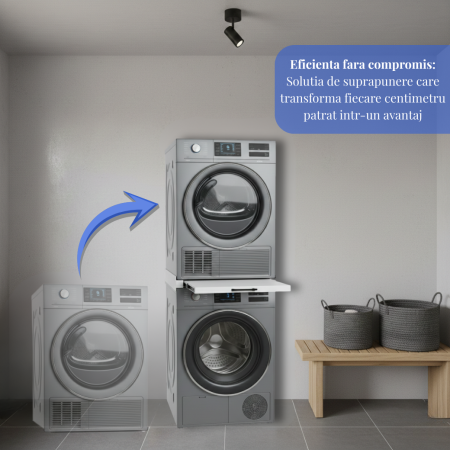 Kit Suprapunere Universal Metalic Latkon pentru Masina de Spalat si Uscator 60 cm, Raft Glisant, Centura Fixare, 8 Pad-uri Anti-Vibratii, Alb [1]