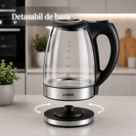 Fierbator Electric Latkon® EK2200Lite, Sticla/Inox, 1.7L, 2200W, Oprire automata, Baza rotativa 360, Iluminare LED [1]