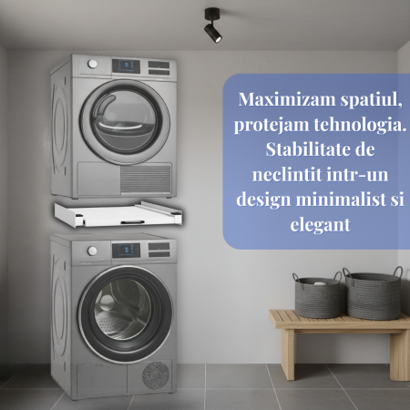 RESIGILAT - Kit Suprapunere Universal Metalic Latkon pentru Masina de Spalat si Uscator 60 cm, Raft Glisant, Centura Fixare, 8 Pad-uri Anti-Vibratii, Alb [5]