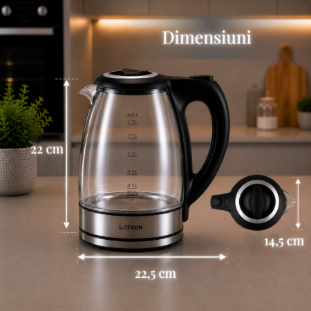 Fierbator Electric Latkon® EK2200Lite, Sticla/Inox, 1.7L, 2200W, Oprire automata, Baza rotativa 360, Iluminare LED [8]