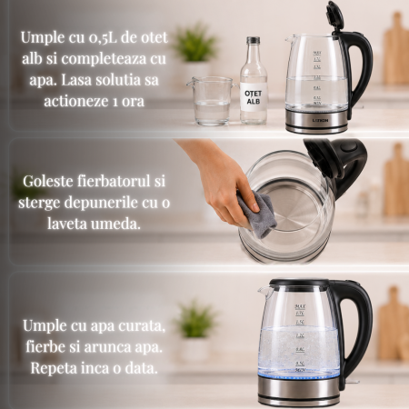 Fierbator Electric Latkon® EK2200Lite, Sticla/Inox, 1.7L, 2200W, Oprire automata, Baza rotativa 360, Iluminare LED [6]