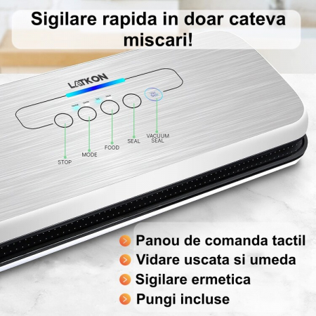 RESIGILAT - Aparat de Vidat Alimente Latkon®, 30 cm Bara de Lipire, Putere 110W, Pungi incluse: 5 Pungi Individuale 20X30 cm, 1 Rola Pungi 20X200 cm, Functie de Sigilare si Vidare Automata, Gri [7]
