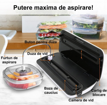 RESIGILAT - Aparat de Vidat Alimente Latkon®, 30 cm Bara de Lipire, Putere 110W, Pungi incluse: 5 Pungi Individuale 20X30 cm, 1 Rola Pungi 20X200 cm, Functie de Sigilare si Vidare Automata, Gri [5]