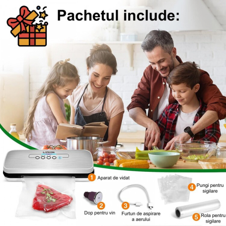 RESIGILAT - Aparat de Vidat Alimente Latkon®, 30 cm Bara de Lipire, Putere 110W, Pungi incluse: 5 Pungi Individuale 20X30 cm, 1 Rola Pungi 20X200 cm, Functie de Sigilare si Vidare Automata, Gri [10]
