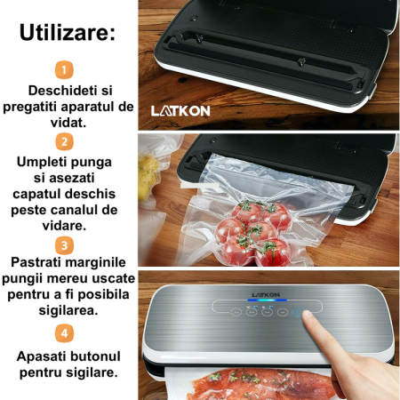 RESIGILAT - Aparat de Vidat Alimente Latkon®, 30 cm Bara de Lipire, Putere 110W, Pungi incluse: 5 Pungi Individuale 20X30 cm, 1 Rola Pungi 20X200 cm, Functie de Sigilare si Vidare Automata, Gri [8]