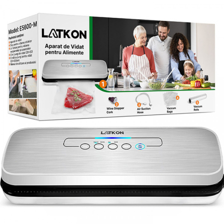 RESIGILAT - Aparat de Vidat Alimente Latkon®, 30 cm Bara de Lipire, Putere 110W, Pungi incluse: 5 Pungi Individuale 20X30 cm, 1 Rola Pungi 20X200 cm, Functie de Sigilare si Vidare Automata, Gri [6]