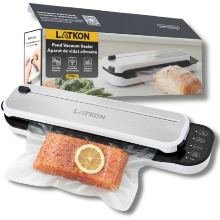 Aparate de vidat si accesorii - Aparat de vidat alimente VS115Lite Latkon® 115W, vacuum sealer pentru pungi si role, Bara de Lipire 30 cm, Funcții Dry/Moist, cutter integrat, Alb