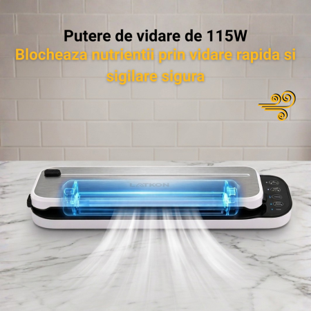 Aparat de vidat alimente VS115Lite Latkon® 115W, vacuum sealer pentru pungi si role, Bara de Lipire 30 cm, Funcții Dry/Moist, cutter integrat, Alb [7]