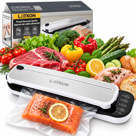 Electrocasnice pentru bucatarie - Aparat de vidat alimente VS115Lite Latkon® 115W, vacuum sealer pentru pungi si role, Bara de Lipire 30 cm, Funcții Dry/Moist, cutter integrat, Alb