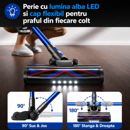 Aspirator Vertical fara fir 3 in 1 Latkon® VC600Pro, 600W, 45000Pa, Autonomie 60 min, Ecran digital si 3 Moduri de curatare, Recipient praf 0.8L, Lumini LED, Sistem filtrare HEPA, Albastru [6]