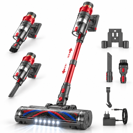 Aspiratoare - Aspirator Vertical fara fir 3 in 1 Latkon® VC600Pro, 600W, 45000Pa, Autonomie 60 min, Ecran digital si 3 Moduri de curatare, Recipient praf 0.8L, Lumini LED, Sistem filtrare HEPA, Rosu