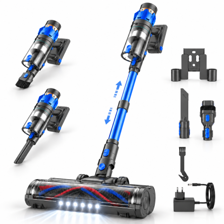 Aspiratoare - Aspirator Vertical fara fir 3 in 1 Latkon® VC600Pro, 600W, 45000Pa, Autonomie 60 min, Ecran digital si 3 Moduri de curatare, Recipient praf 0.8L, Lumini LED, Sistem filtrare HEPA, Albastru