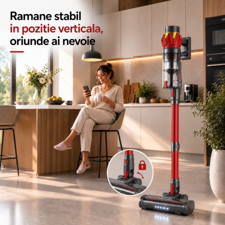 Aspirator Vertical fara fir 3 in 1 Latkon® VC600Pro, 600W, 45000Pa, Autonomie 60 min, Ecran digital si 3 Moduri de curatare, Recipient praf 0.8L, Lumini LED, Sistem filtrare HEPA, Rosu [9]