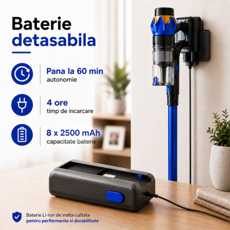 Aspirator Vertical fara fir 3 in 1 Latkon® VC600Pro, 600W, 45000Pa, Autonomie 60 min, Ecran digital si 3 Moduri de curatare, Recipient praf 0.8L, Lumini LED, Sistem filtrare HEPA, Albastru [2]