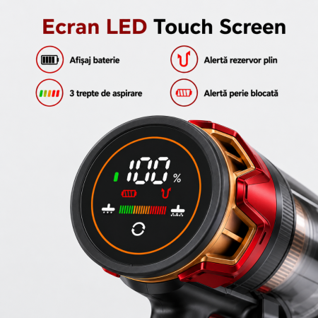 Aspirator Vertical fara fir 3 in 1 Latkon® VC600Pro, 600W, 45000Pa, Autonomie 60 min, Ecran digital si 3 Moduri de curatare, Recipient praf 0.8L, Lumini LED, Sistem filtrare HEPA, Rosu [3]