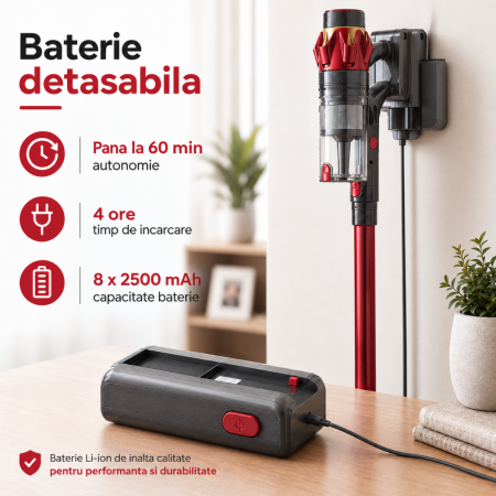 Aspirator Vertical fara fir 3 in 1 Latkon® VC600Pro, 600W, 45000Pa, Autonomie 60 min, Ecran digital si 3 Moduri de curatare, Recipient praf 0.8L, Lumini LED, Sistem filtrare HEPA, Rosu [2]