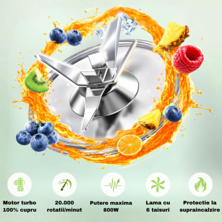 Blender Smoothie Shake and Take Latkon®, putere 800W, 20.000 RPM, 6 Lame Inox, 2 Recipiente 600ml, Zdrobire Gheata, Fara BPA [4]