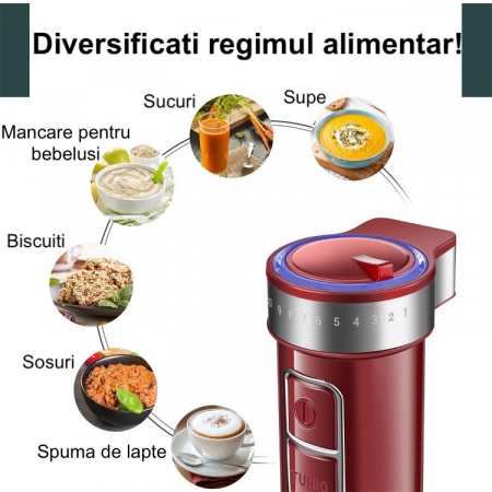 RESIGILAT - Set Blender Vertical 5 in 1 Latkon®, Multifunctional, Putere 800 W, 12 Trepte de Viteza, Cutit cu 4 Lame Placate cu Titanium, Tocator, Tel, Mixer Spuma Lapte, Cana Mixat, Rosu [4]