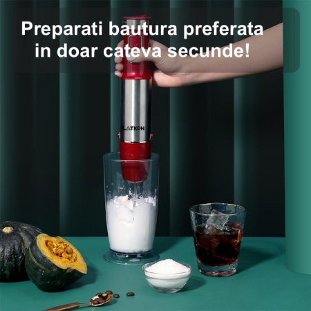 RESIGILAT - Set Blender Vertical 5 in 1 Latkon®, Multifunctional, Putere 800 W, 12 Trepte de Viteza, Cutit cu 4 Lame Placate cu Titanium, Tocator, Tel, Mixer Spuma Lapte, Cana Mixat, Rosu [9]