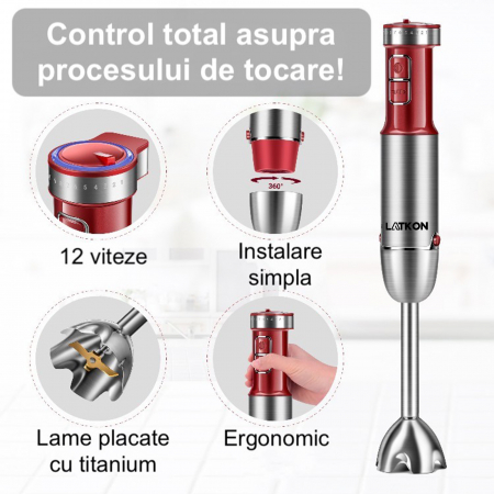 RESIGILAT - Set Blender Vertical 5 in 1 Latkon®, Multifunctional, Putere 800 W, 12 Trepte de Viteza, Cutit cu 4 Lame Placate cu Titanium, Tocator, Tel, Mixer Spuma Lapte, Cana Mixat, Rosu [5]