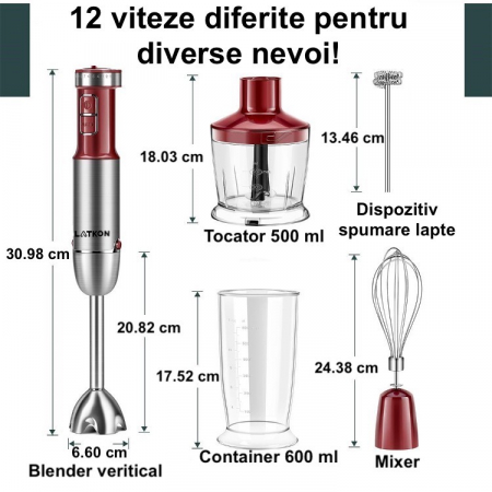 RESIGILAT - Set Blender Vertical 5 in 1 Latkon®, Multifunctional, Putere 800 W, 12 Trepte de Viteza, Cutit cu 4 Lame Placate cu Titanium, Tocator, Tel, Mixer Spuma Lapte, Cana Mixat, Rosu [7]