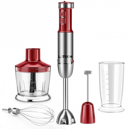 Produse Resigilate - RESIGILAT - Set Blender Vertical 5 in 1 Latkon®, Multifunctional, Putere 800 W, 12 Trepte de Viteza, Cutit cu 4 Lame Placate cu Titanium, Tocator, Tel, Mixer Spuma Lapte, Cana Mixat, Rosu