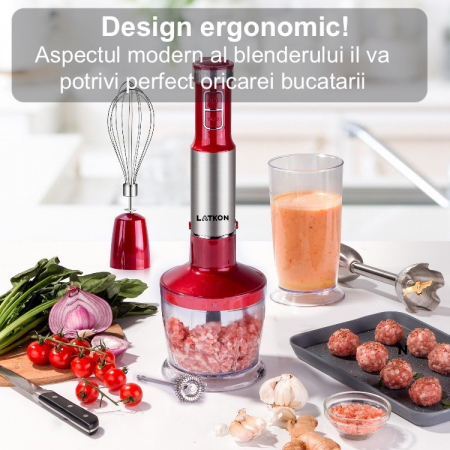 RESIGILAT - Set Blender Vertical 5 in 1 Latkon®, Multifunctional, Putere 800 W, 12 Trepte de Viteza, Cutit cu 4 Lame Placate cu Titanium, Tocator, Tel, Mixer Spuma Lapte, Cana Mixat, Rosu [8]