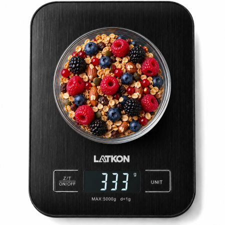 Cantare de bucatarie - Cantar de Bucatarie Latkon® KS5000Lite, Afisaj Digital, Precizie de Masurare 1g, Capacitate 5 kg, Negru