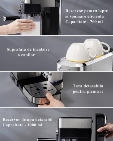 Espressor manual Latkon CM5160, 20 bari, 1350W, rezervor apă 1L, rezervor lapte 0.7L, argintiu [5]