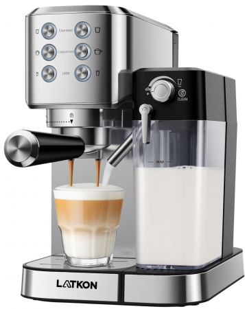 Produse Resigilate - RESIGILAT - Espressor manual Latkon CM5160, 20 bari, Recipient apa detasabil 1L, Recipient lapte detasabil 0.7L, Sistem de incalzire a cestilor, 3 tipuri de bauturi, 1350 W, Argintiu