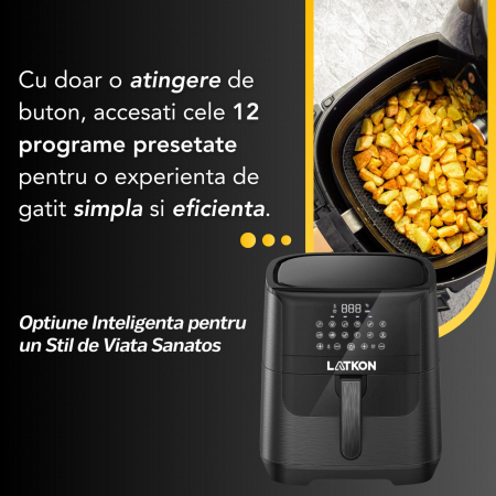 RESIGILAT - Friteuza cu aer cald, fara ulei, LATKON Air Fryer,  Ecran digital, 12 functii de gatire presetate, Capacitate 7 litri, 1800W, Negru [5]