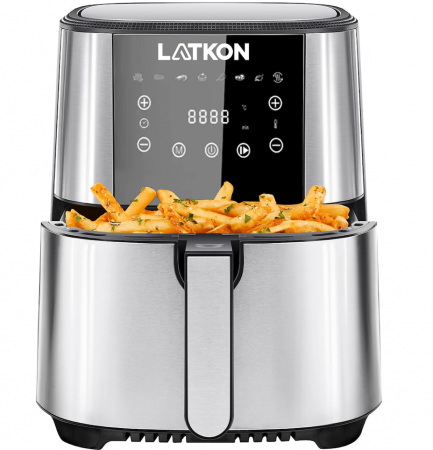 Produse Resigilate - RESIGILAT - Friteuza cu aer cald, fara ulei, LATKON Air Fryer, Ecran digital, 8 functii de gatire presetate, Capacitate 6 litri, 1500W, Argintiu