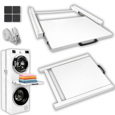 Produse Resigilate - RESIGILAT - Kit Suprapunere Universal Metalic Latkon pentru Masina de Spalat si Uscator 60 cm, Raft Glisant, Centura Fixare, 8 Pad-uri Anti-Vibratii, Alb