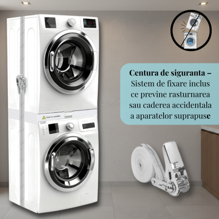 Kit Universal Reglabil Latkon pentru Suprapunere Masina de Spalat si Uscator 42–72 cm, Suport Anti-Alunecare cu Centura Siguranta si 8 Pad-uri Anti-Vibratii [2]