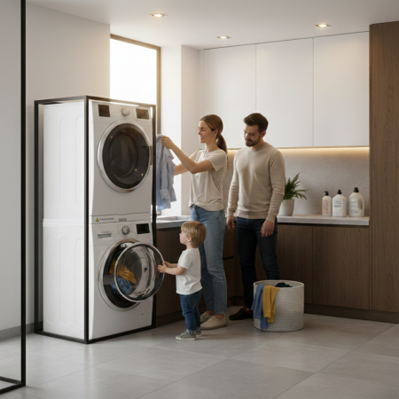 Kit Universal Reglabil Latkon pentru Suprapunere Masina de Spalat si Uscator 42–72 cm, Suport Anti-Alunecare cu Centura Siguranta si 8 Pad-uri Anti-Vibratii [7]