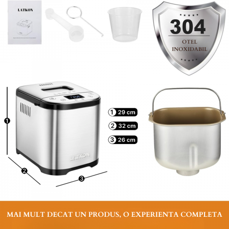 RESIGILAT - Masina de paine Latkon MBF-001, 710W, 900g, 15 programe, Display LCD, Timer, Functie de programare, Functie de mentinere la cald, Argintiu [6]
