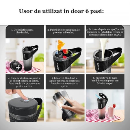 Mini Blender Electric Portabil Latkon®, Multifunctional, 20.000 rpm, 150 W, 40 de utilizari per incarcare, 4000 mAh, 460 ml, Negru [3]