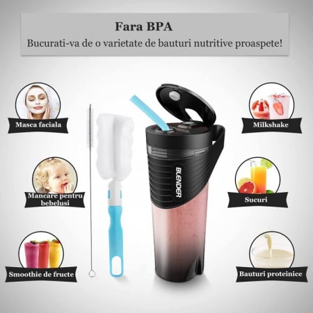 Mini Blender Electric Portabil Latkon®, Multifunctional, 20.000 rpm, 150 W, 40 de utilizari per incarcare, 4000 mAh, 460 ml, Negru [2]