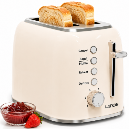 Prajitor de Paine Latkon® BT800Lite, 800W, 2 Felii, 6 Niveluri de rumenire, 4 Functii, Tavita detasabila, Inox, Crem