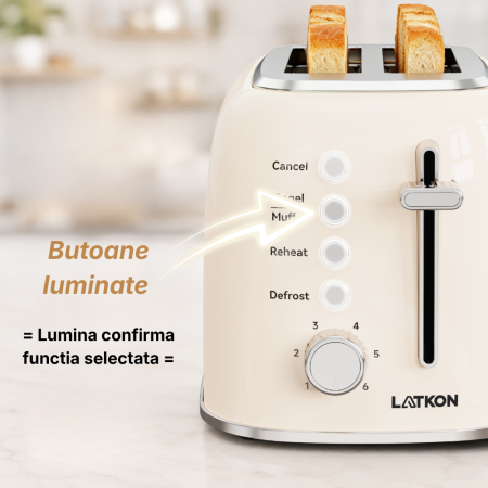 Prajitor de Paine Latkon® BT800Lite, 800W, 2 Felii, 6 Niveluri de rumenire, 4 Functii, Tavita detasabila, Inox, Crem [2]