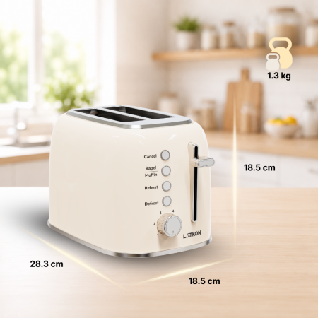 Prajitor de Paine Latkon® BT800Lite, 800W, 2 Felii, 6 Niveluri de rumenire, 4 Functii, Tavita detasabila, Inox, Crem [6]