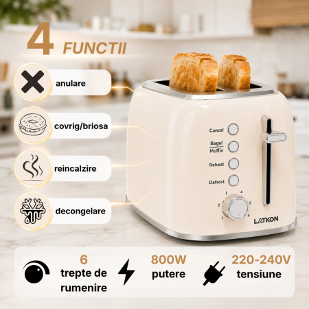Prajitor de Paine Latkon® BT800Lite, 800W, 2 Felii, 6 Niveluri de rumenire, 4 Functii, Tavita detasabila, Inox, Crem [1]