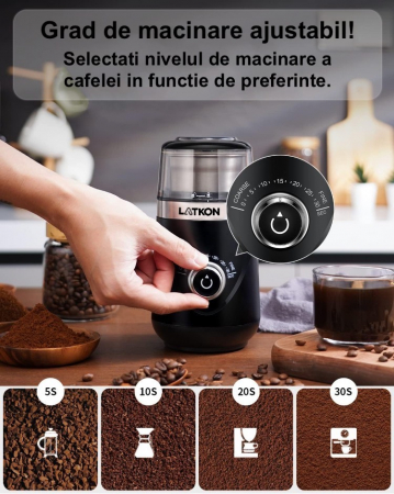 RESIGILAT - Rasnita de Cafea Latkon® CG638, Electrica, 150 W, Lame din Otel Inoxidabil, Granulatie Reglabila, Bol Detasabil, Capacitate 70 g,  Silentioasa, Negru [3]