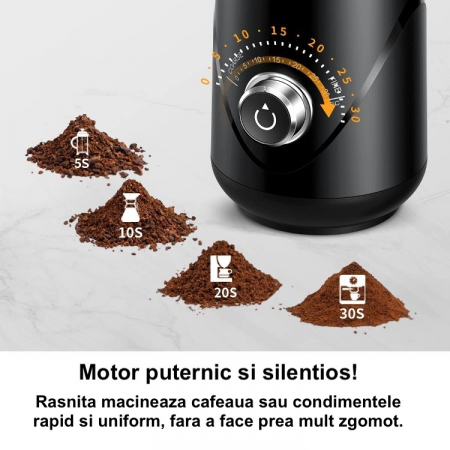 RESIGILAT - Rasnita de Cafea Latkon® CG638, Electrica, 150 W, Lame din Otel Inoxidabil, Granulatie Reglabila, Bol Detasabil, Capacitate 70 g,  Silentioasa, Negru [4]