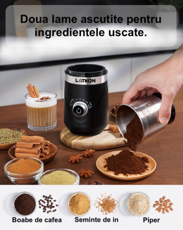 RESIGILAT - Rasnita de Cafea Latkon® CG638, Electrica, 150 W, Lame din Otel Inoxidabil, Granulatie Reglabila, Bol Detasabil, Capacitate 70 g,  Silentioasa, Negru [2]