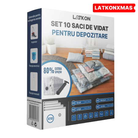 Casa si Organizare - Set 10 saci de vidat haine cu pompă Latkon®, dimensiuni variate, transparenți
